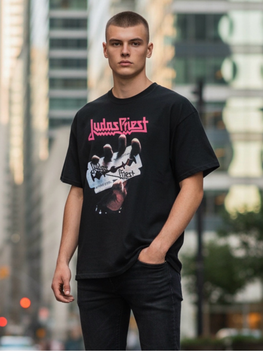 Mystic Judas Priest Graphic Band T-Shirt Black Crew Neck Short Sleeve Mens Sz L